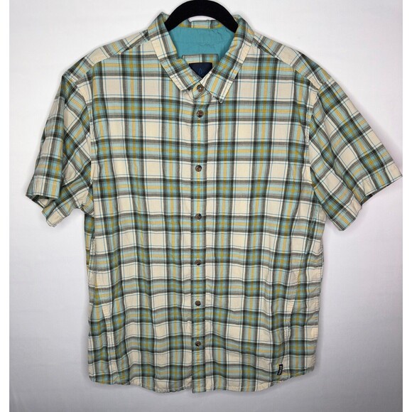 Prana Button Up‎ Short Sleeve Plaid Yellow Teal Shirt Men’s Size Large - Picture 1 of 5